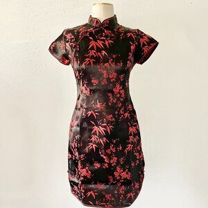 Women's Sz XS 2 Black Short Cheongsam Qipao Satin Mini Floral Dress Asian Modern